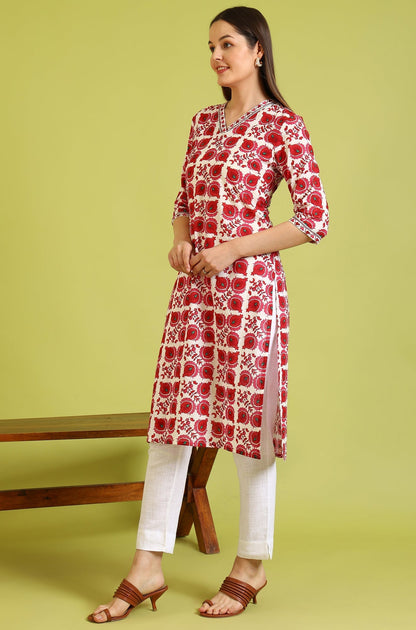 W for Woman Floral Printed Straight Pure Cotton Kurta with Border Patch
