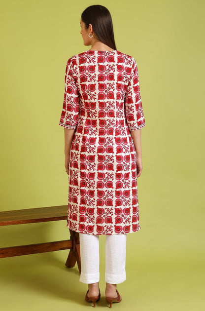 W for Woman Floral Printed Straight Pure Cotton Kurta with Border Patch