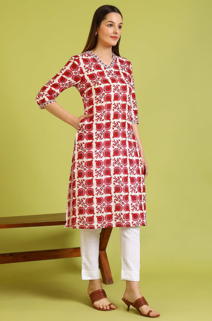 W for Woman Floral Printed Straight Pure Cotton Kurta with Border Patch