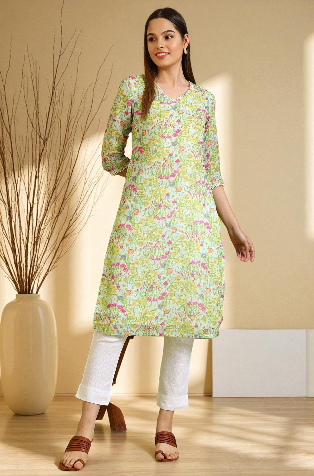 W for Woman Floral Printed Lace Straight Pure Cotton Kurta