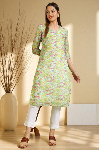 W for Woman Floral Printed Lace Straight Pure Cotton Kurta