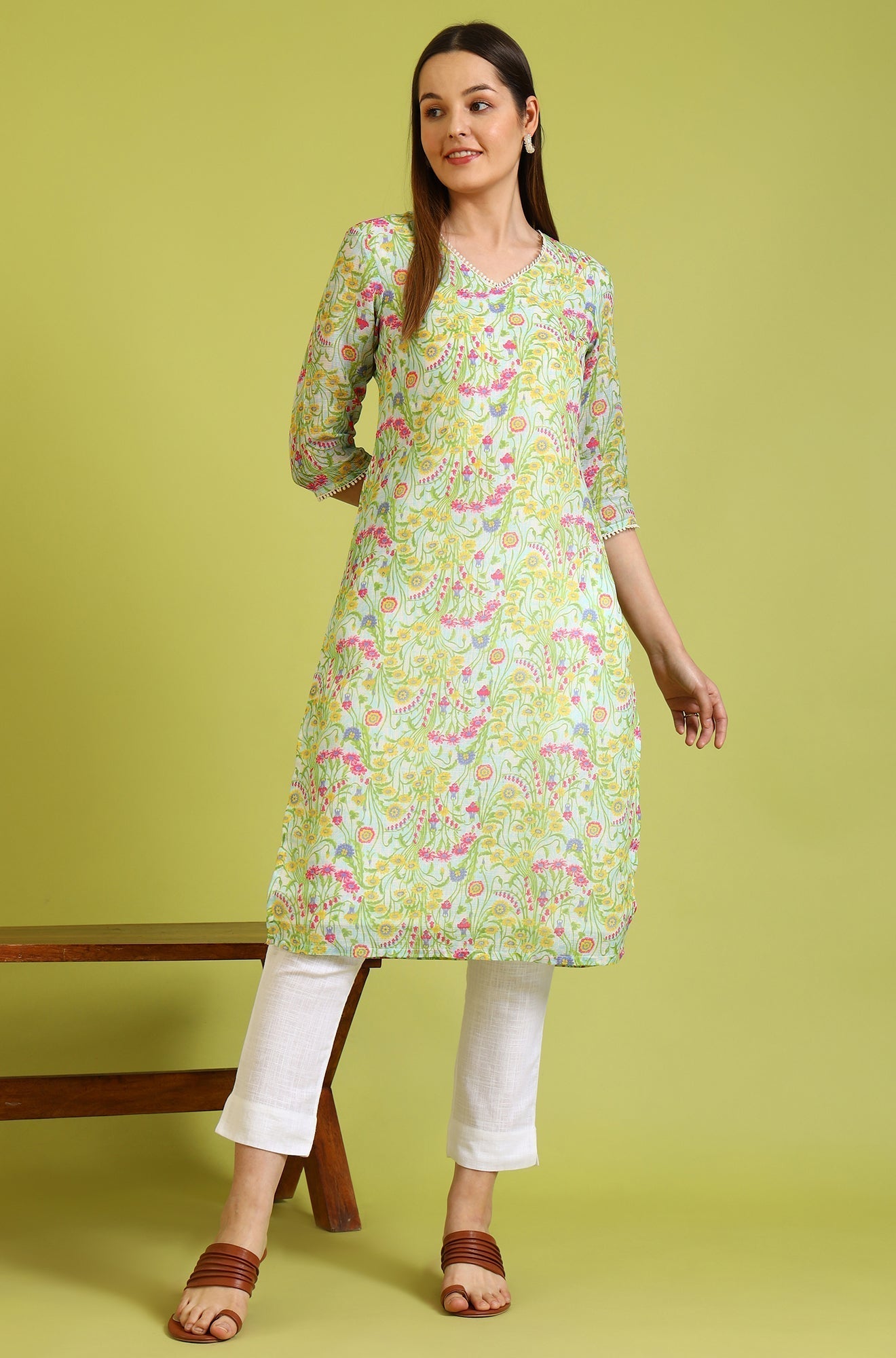 W for Woman Floral Printed Lace Straight Pure Cotton Kurta