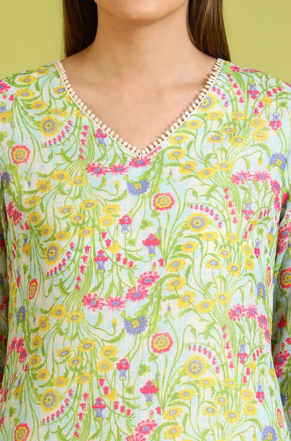 W for Woman Floral Printed Lace Straight Pure Cotton Kurta