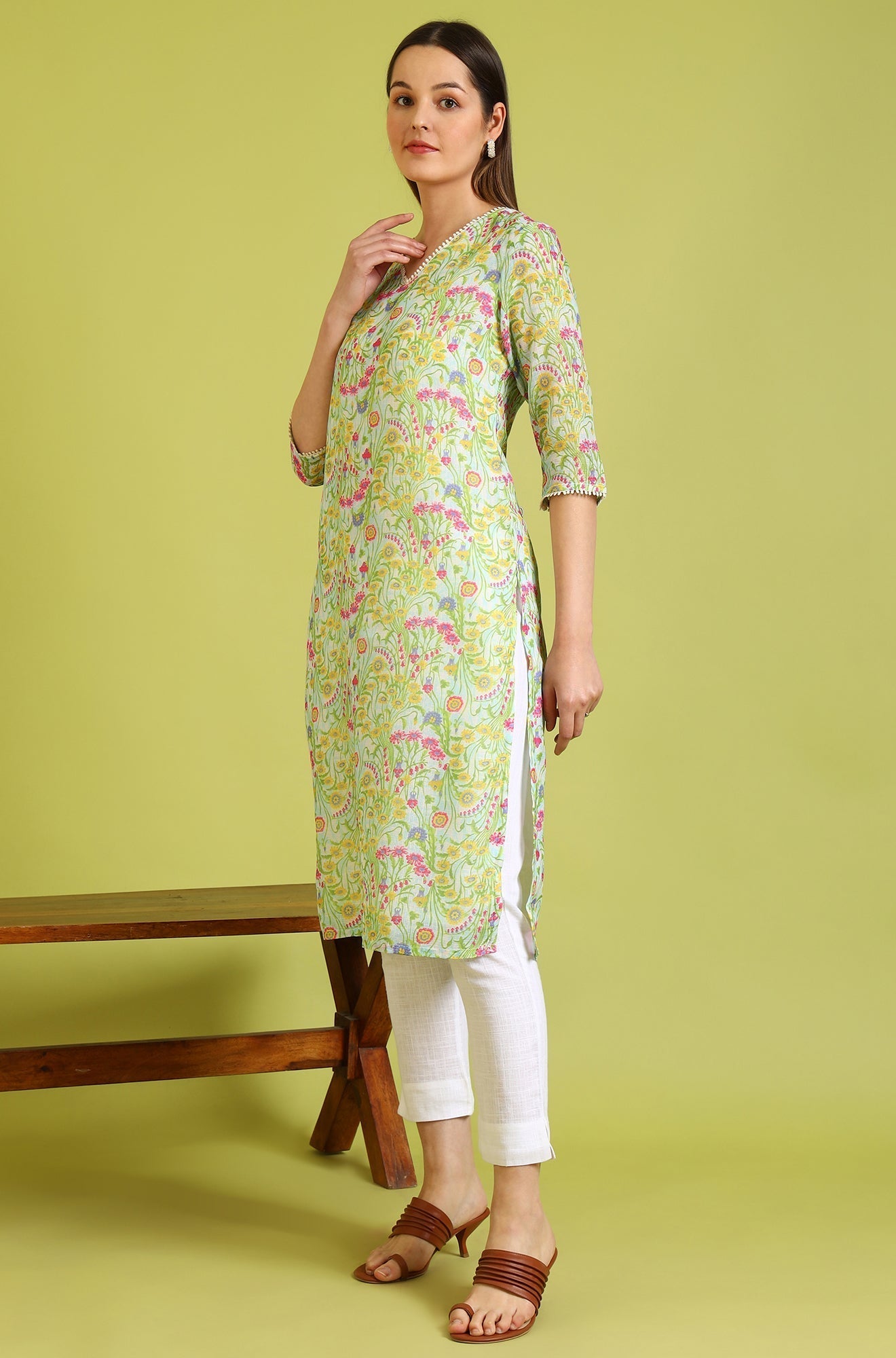 W for Woman Floral Printed Lace Straight Pure Cotton Kurta