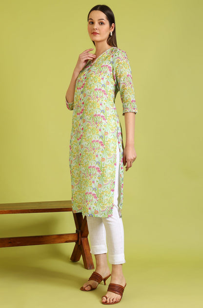 W for Woman Floral Printed Lace Straight Pure Cotton Kurta