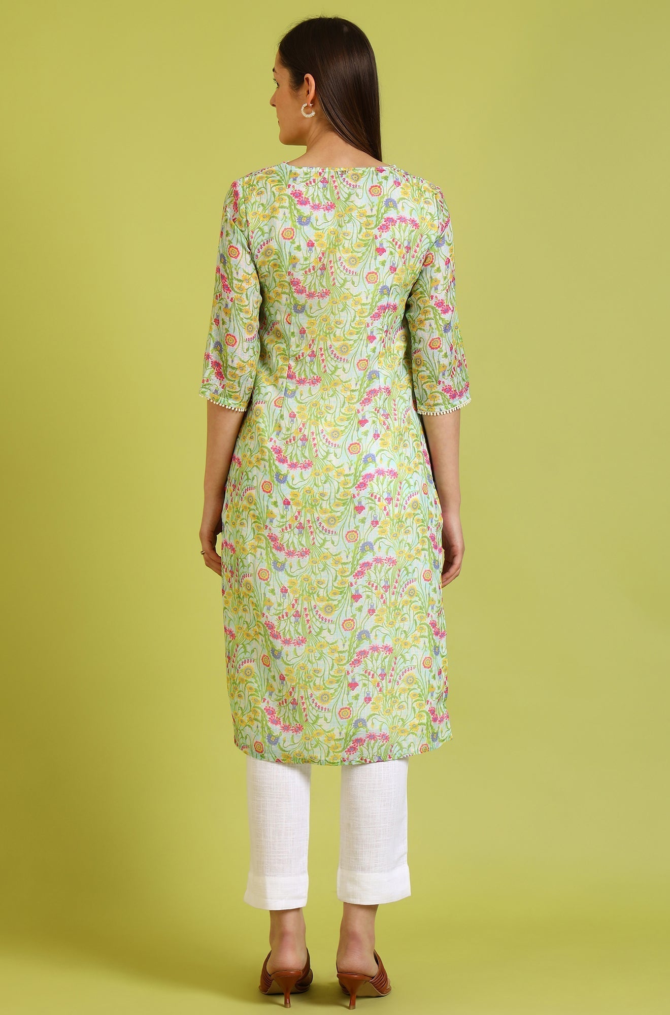 W for Woman Floral Printed Lace Straight Pure Cotton Kurta