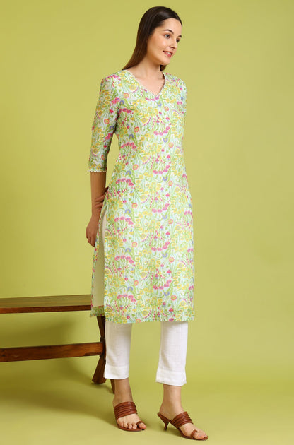 W for Woman Floral Printed Lace Straight Pure Cotton Kurta