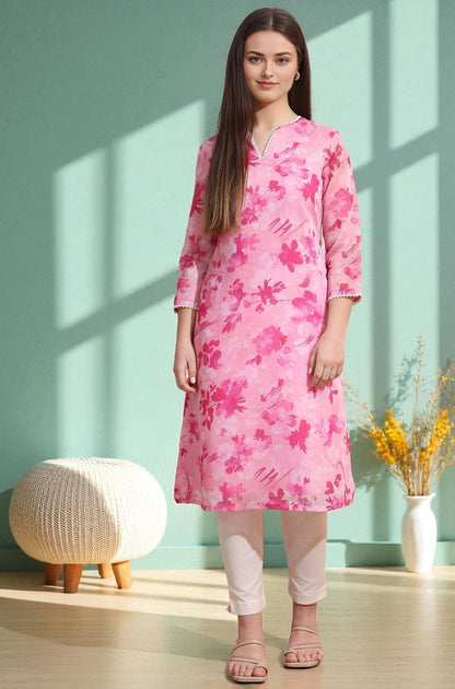 W for Woman Pink Bold Floral Printed Pure Cotton Straight Kurta with Lace