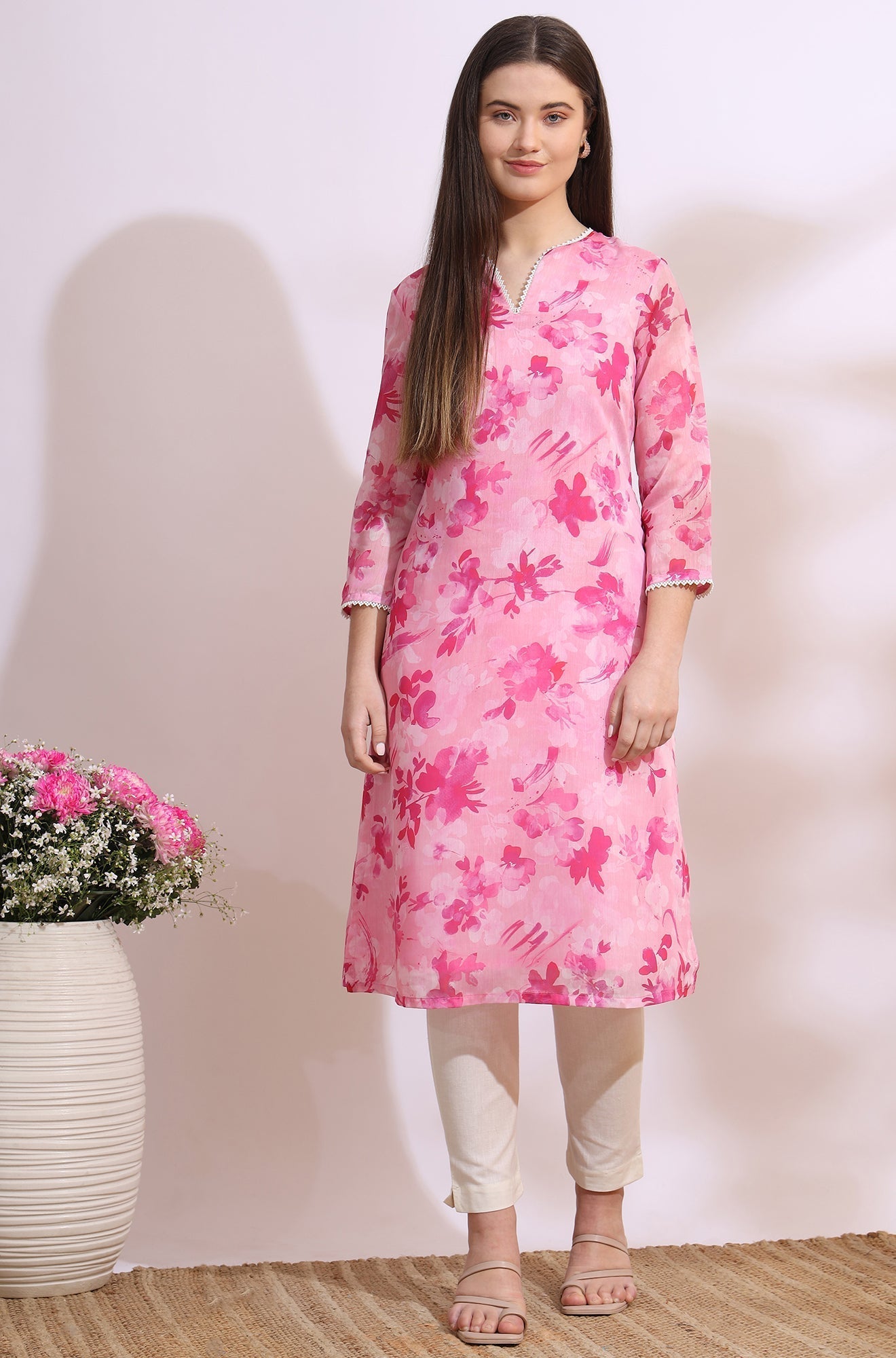 W for Woman Pink Bold Floral Printed Pure Cotton Straight Kurta with Lace