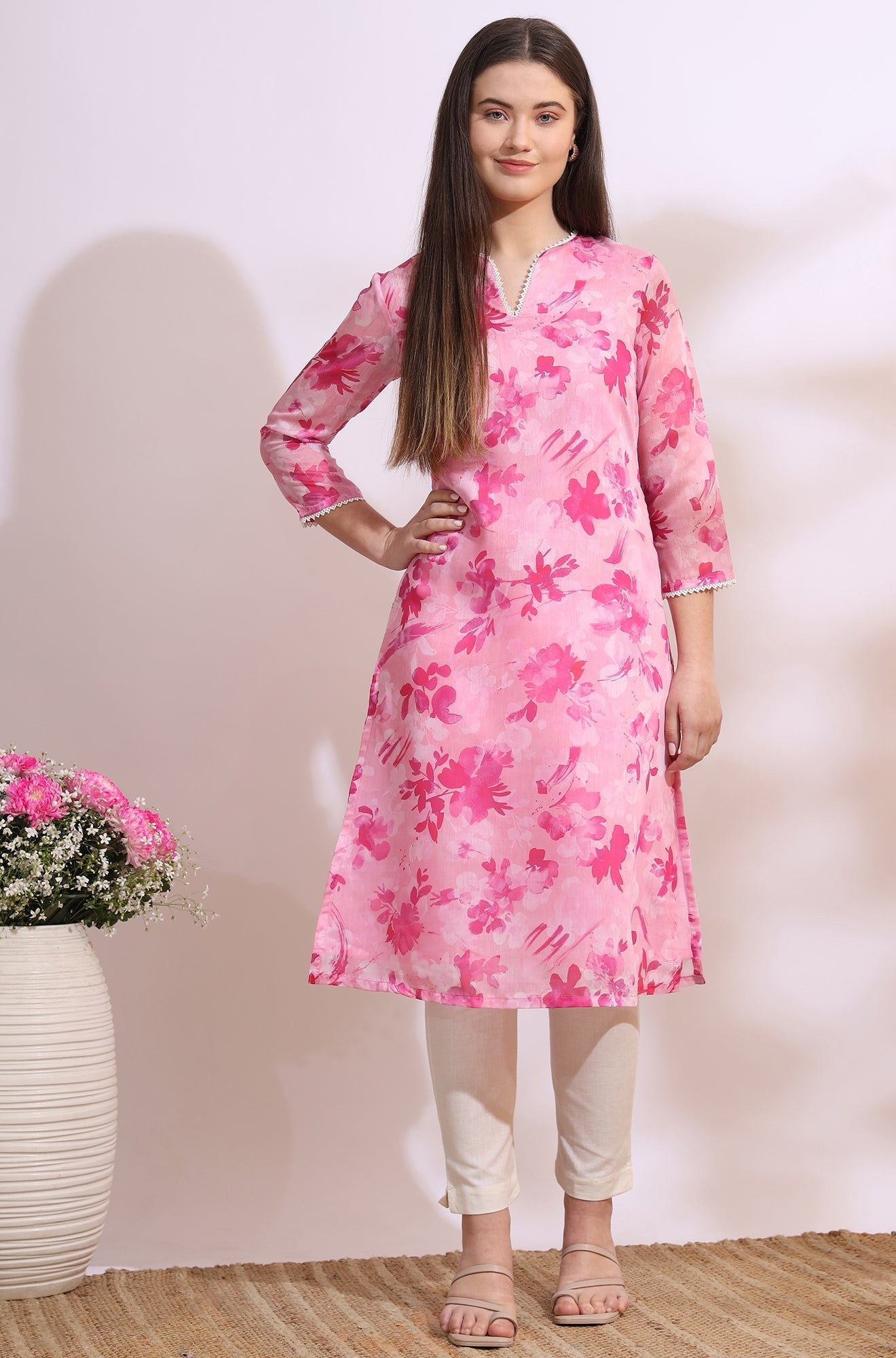 W for Woman Pink Bold Floral Printed Pure Cotton Straight Kurta with Lace
