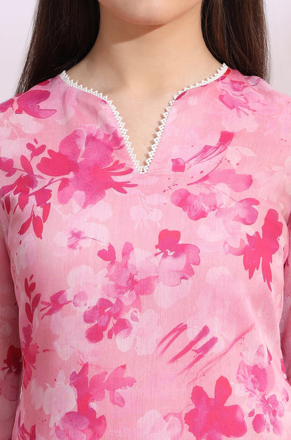 W for Woman Pink Bold Floral Printed Pure Cotton Straight Kurta with Lace