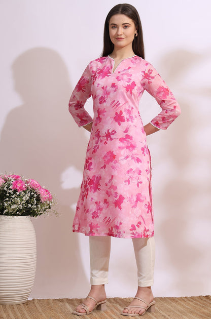 W for Woman Pink Bold Floral Printed Pure Cotton Straight Kurta with Lace