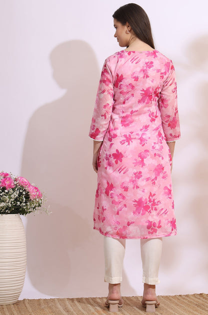 W for Woman Pink Bold Floral Printed Pure Cotton Straight Kurta with Lace