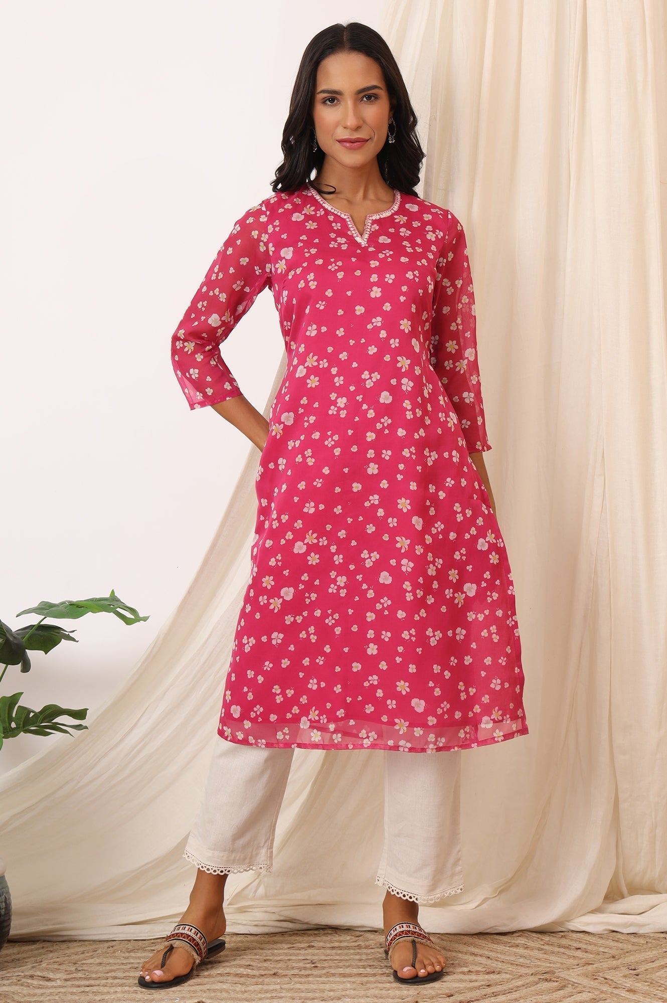 W for Woman Pink Floral Printed Organza Straight Kurta