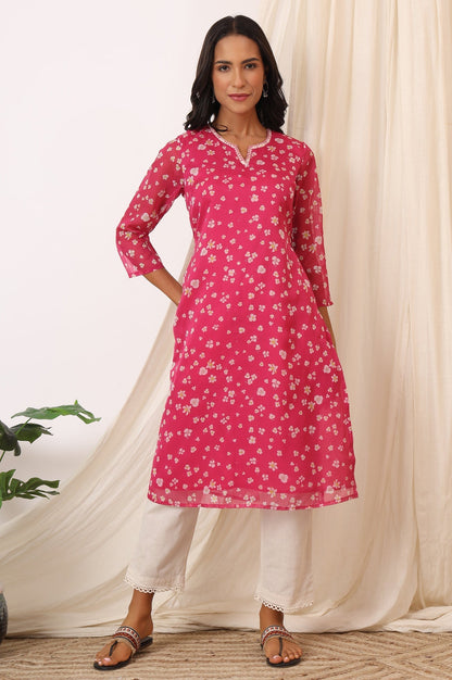 W for Woman Pink Floral Printed Organza Straight Kurta