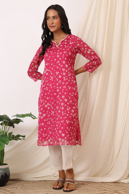 W for Woman Pink Floral Printed Organza Straight Kurta