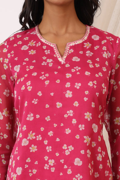 W for Woman Pink Floral Printed Organza Straight Kurta