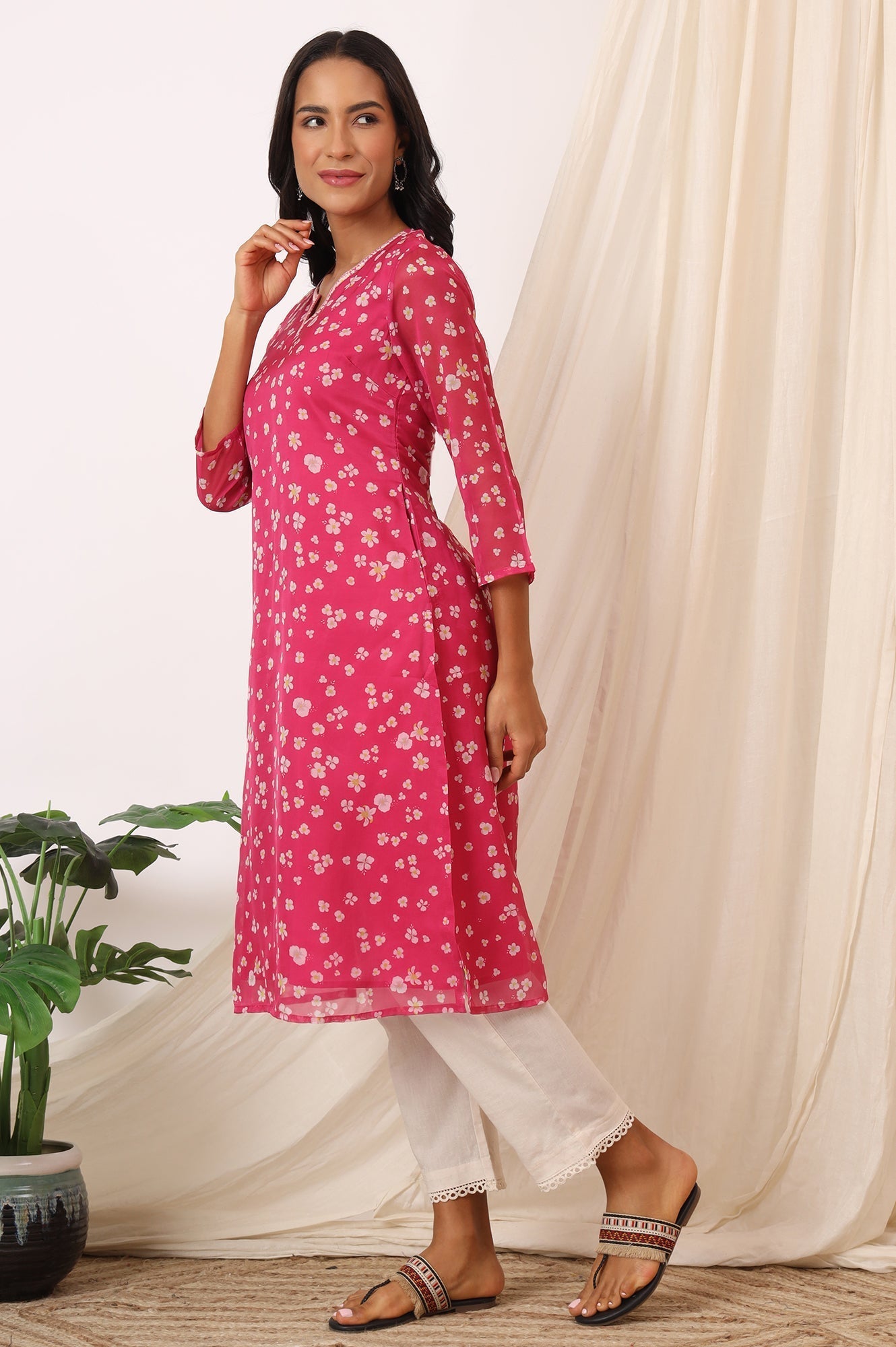 W for Woman Pink Floral Printed Organza Straight Kurta