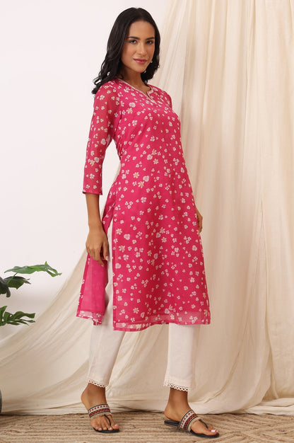 W for Woman Pink Floral Printed Organza Straight Kurta