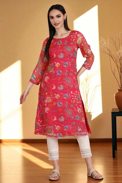 W for Woman Pink Floral Printed Chiffon Straight Kurta
