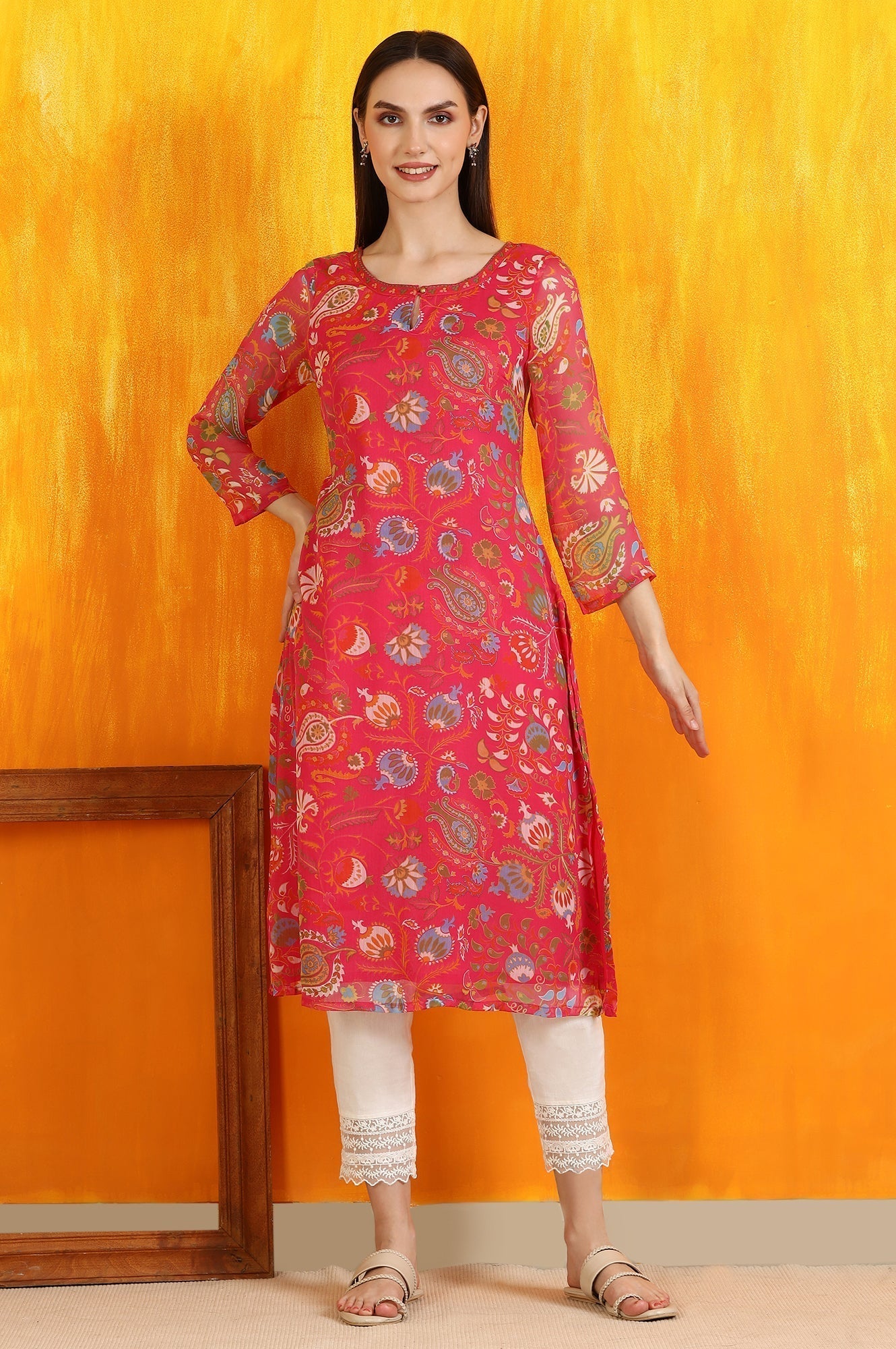 W for Woman Pink Floral Printed Chiffon Straight Kurta