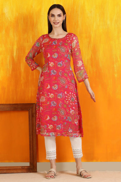 W for Woman Pink Floral Printed Chiffon Straight Kurta