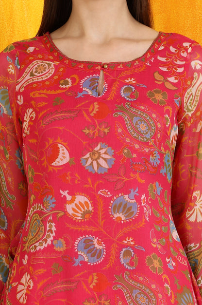 W for Woman Pink Floral Printed Chiffon Straight Kurta