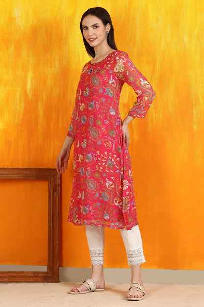 W for Woman Pink Floral Printed Chiffon Straight Kurta