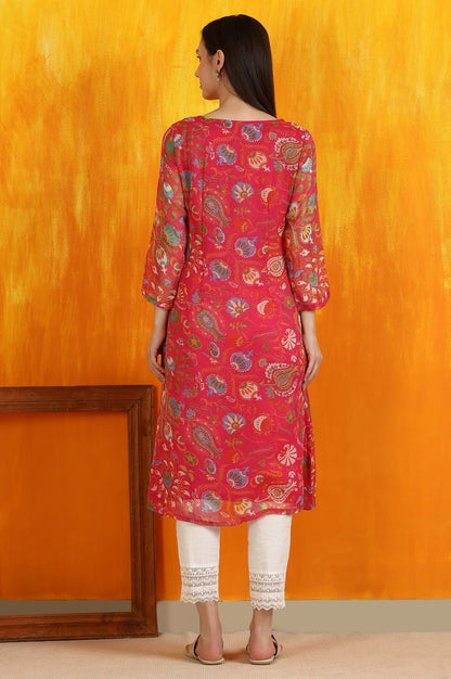 W for Woman Pink Floral Printed Chiffon Straight Kurta