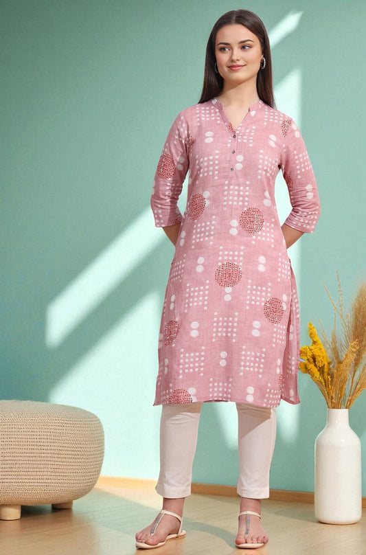 W for Woman Pink Bold Geometric Printed Pure Cotton Straight Kurta
