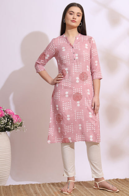 W for Woman Pink Bold Geometric Printed Pure Cotton Straight Kurta