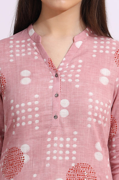 W for Woman Pink Bold Geometric Printed Pure Cotton Straight Kurta