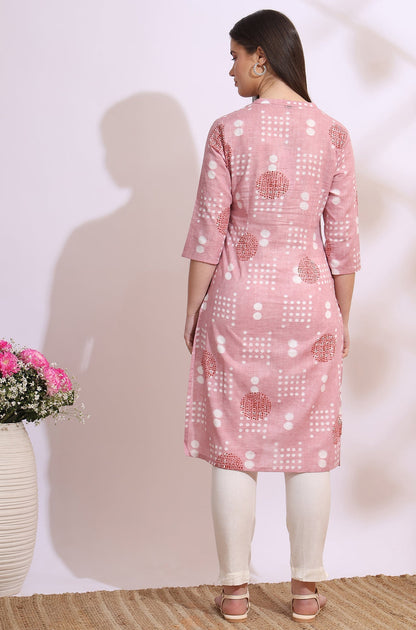 W for Woman Pink Bold Geometric Printed Pure Cotton Straight Kurta