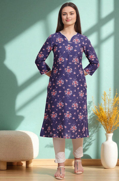 W for Woman Purple Bold Floral Printed Cotton Cambric Straight Kurta