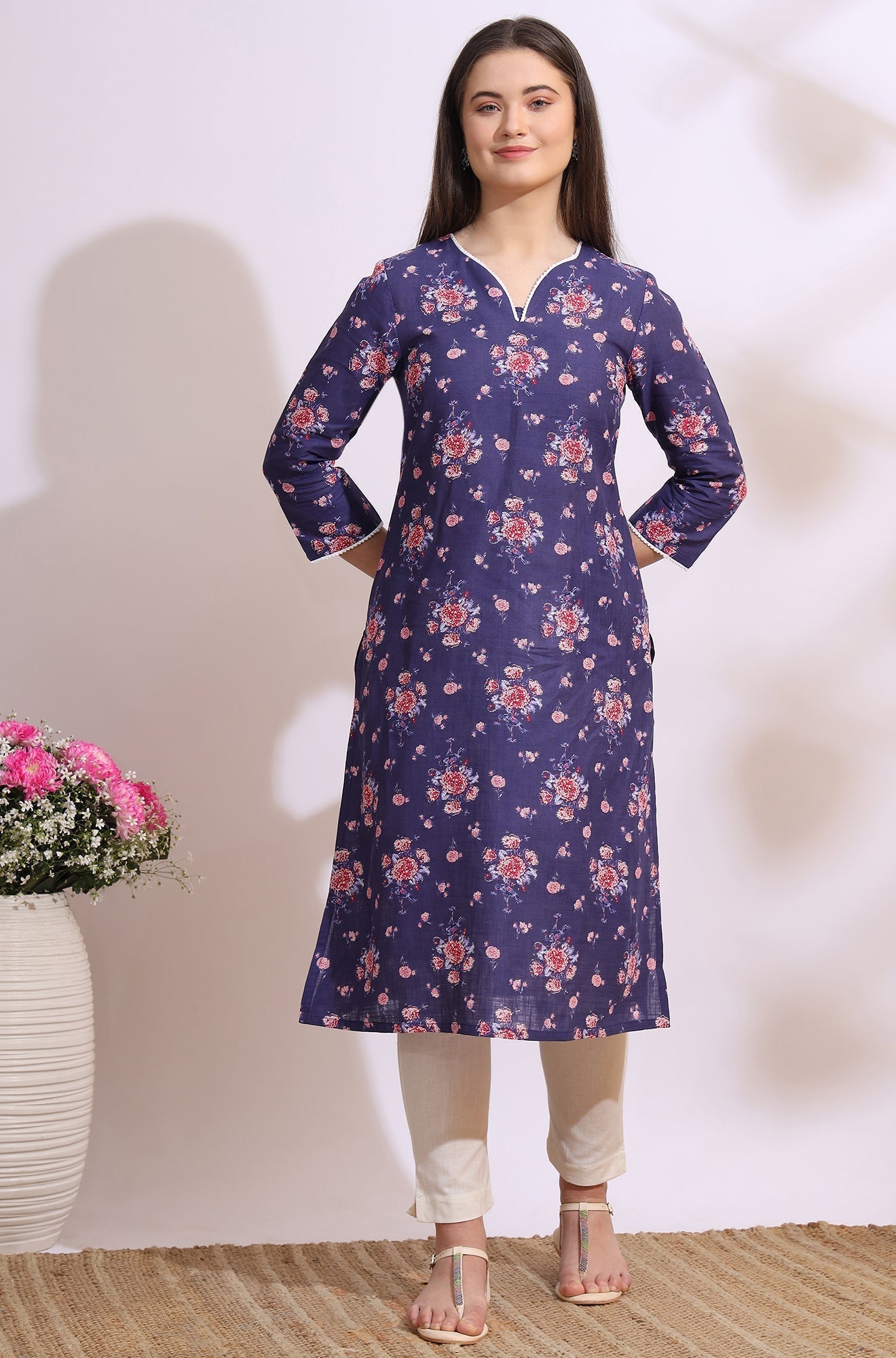 W for Woman Purple Bold Floral Printed Cotton Cambric Straight Kurta