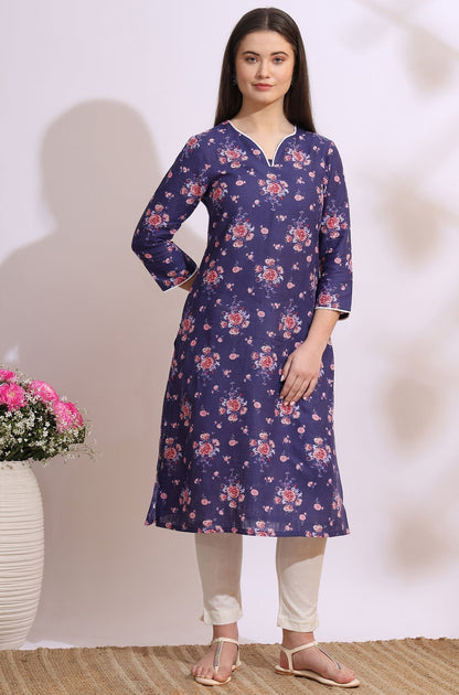 W for Woman Purple Bold Floral Printed Cotton Cambric Straight Kurta