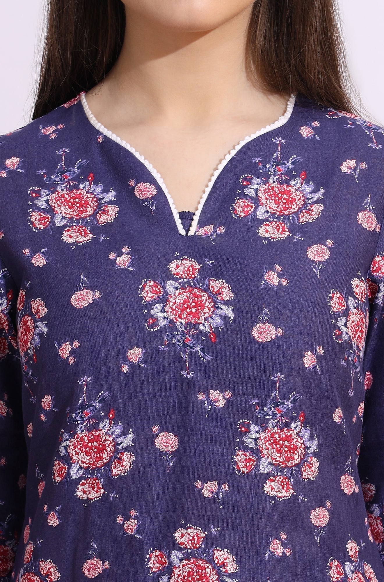 W for Woman Purple Bold Floral Printed Cotton Cambric Straight Kurta