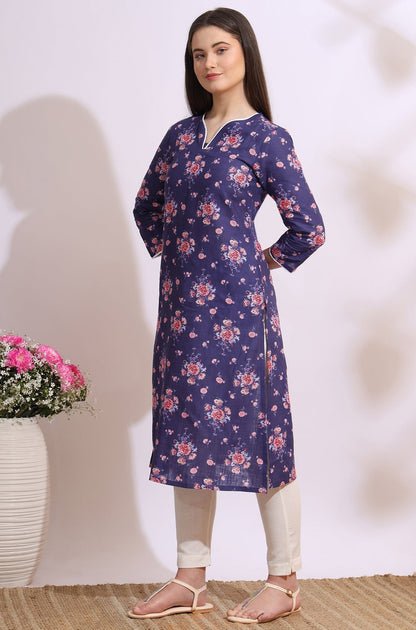 W for Woman Purple Bold Floral Printed Cotton Cambric Straight Kurta
