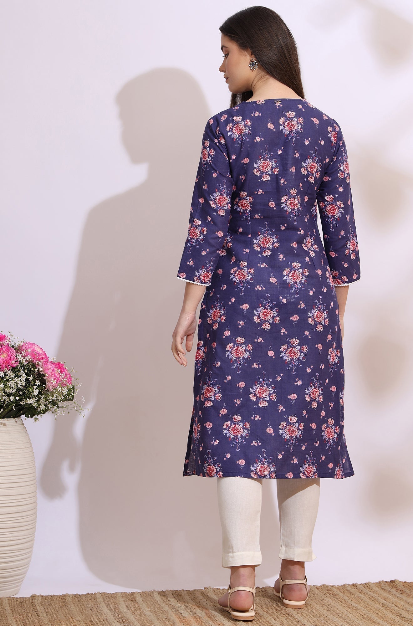 W for Woman Purple Bold Floral Printed Cotton Cambric Straight Kurta
