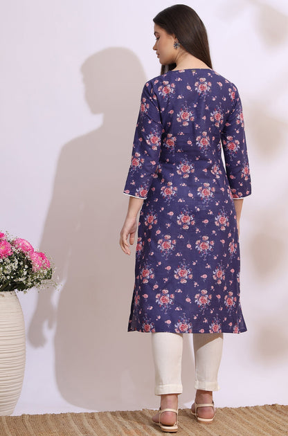 W for Woman Purple Bold Floral Printed Cotton Cambric Straight Kurta