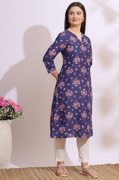 W for Woman Purple Bold Floral Printed Cotton Cambric Straight Kurta