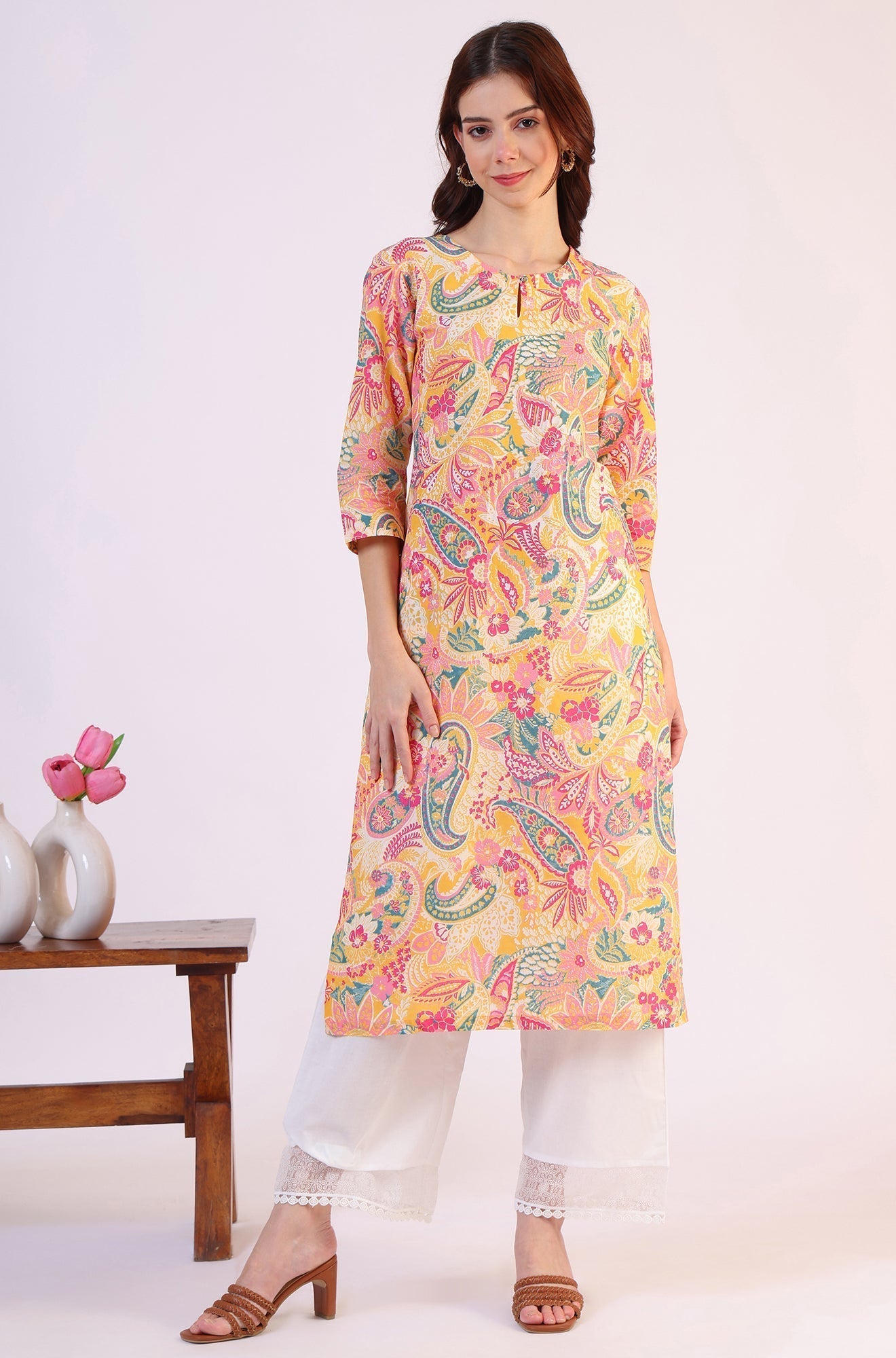 W for Woman Multicolor Paisley Printed Straight Pure Cotton Kurta