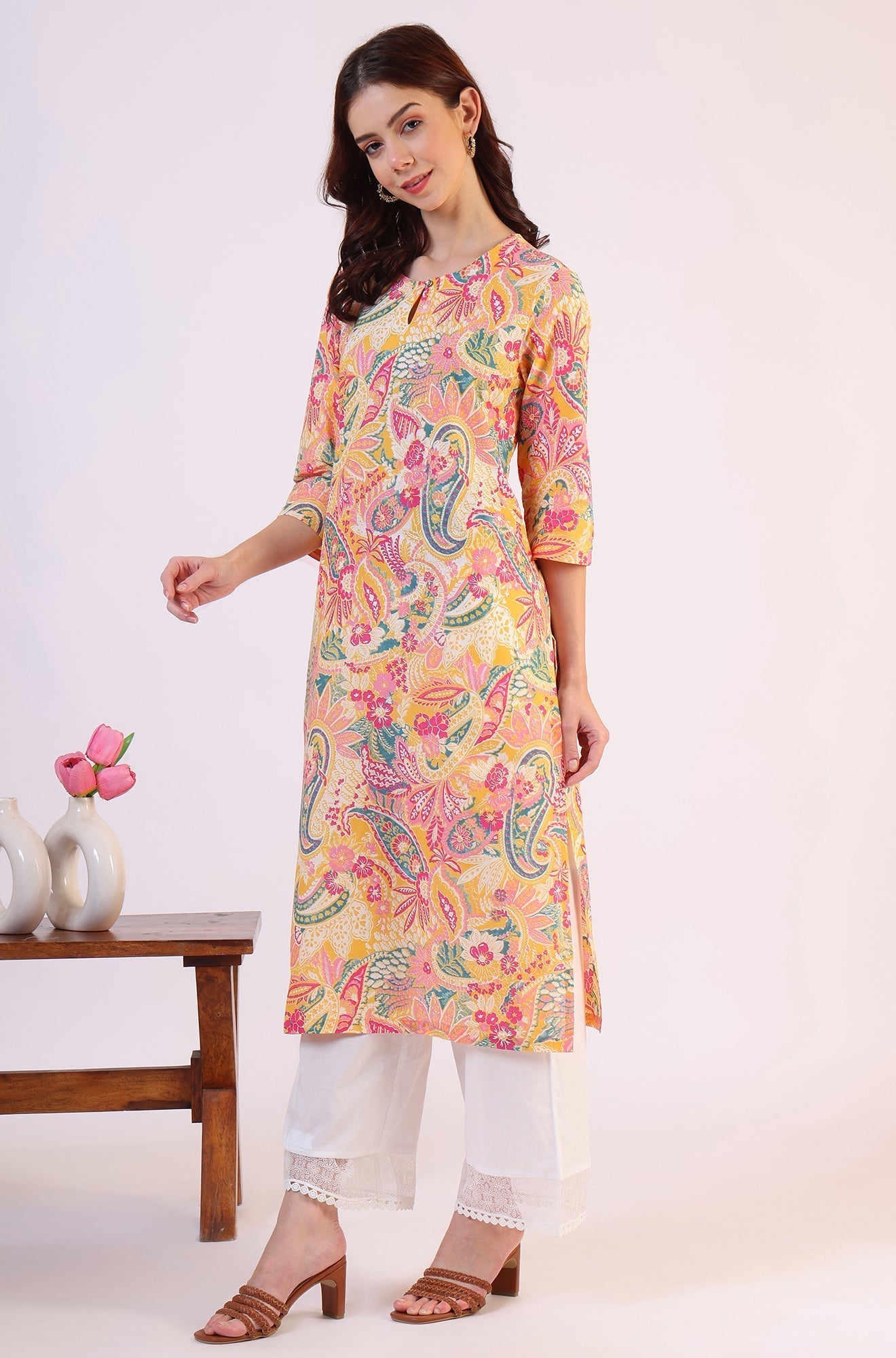 W for Woman Multicolor Paisley Printed Straight Pure Cotton Kurta