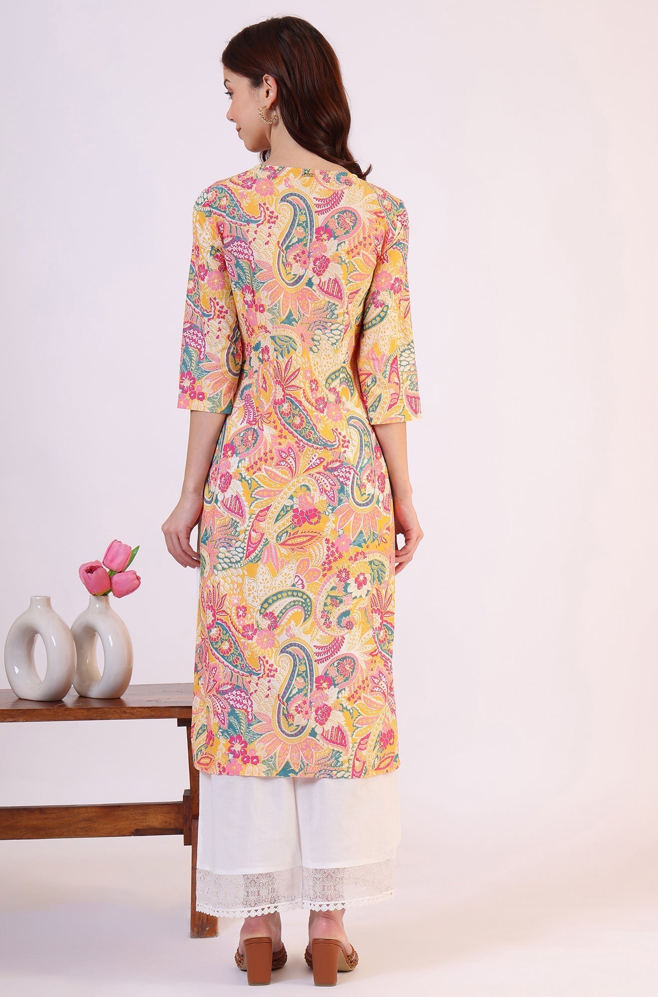 W for Woman Multicolor Paisley Printed Straight Pure Cotton Kurta