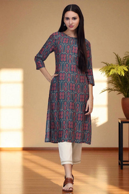 W for Woman Forest Green Paisley Printed Rayon Straight Kurta