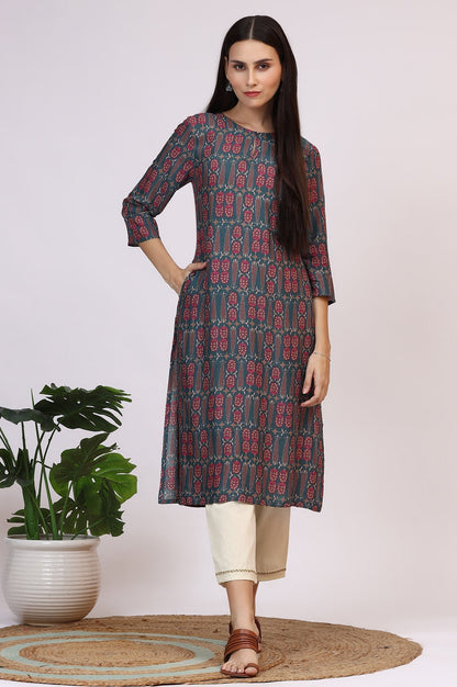 W for Woman Forest Green Paisley Printed Rayon Straight Kurta