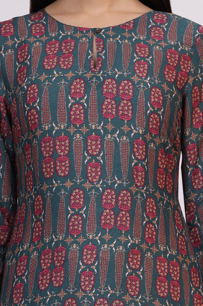 W for Woman Forest Green Paisley Printed Rayon Straight Kurta