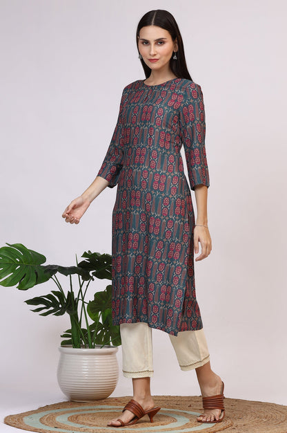 W for Woman Forest Green Paisley Printed Rayon Straight Kurta