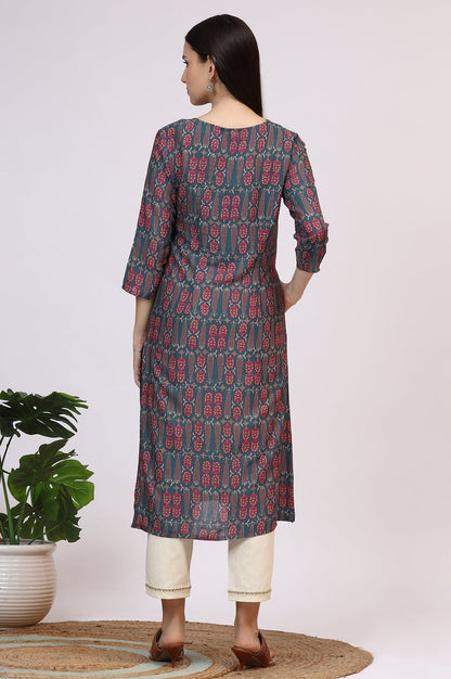 W for Woman Forest Green Paisley Printed Rayon Straight Kurta