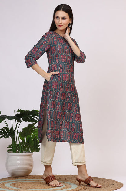 W for Woman Forest Green Paisley Printed Rayon Straight Kurta